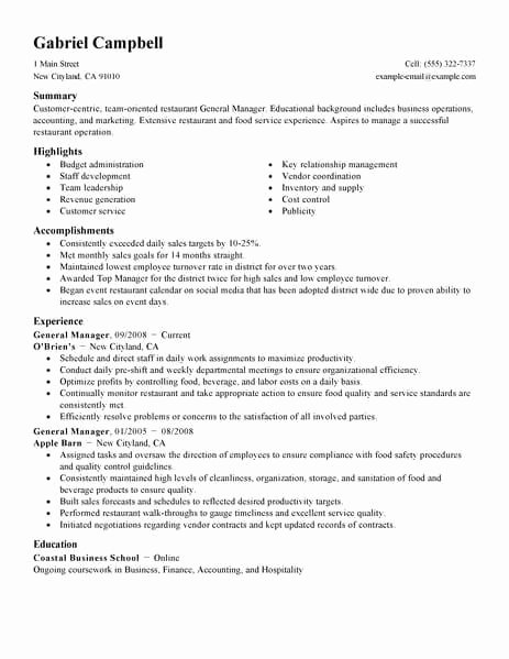 Restaurant Manager Resume Examples Beautiful Best Restaurant Bar General Manager Resume Example From