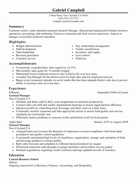 Restaurant Manager Resume Examples Best Of Best Restaurant Bar General Manager Resume Example