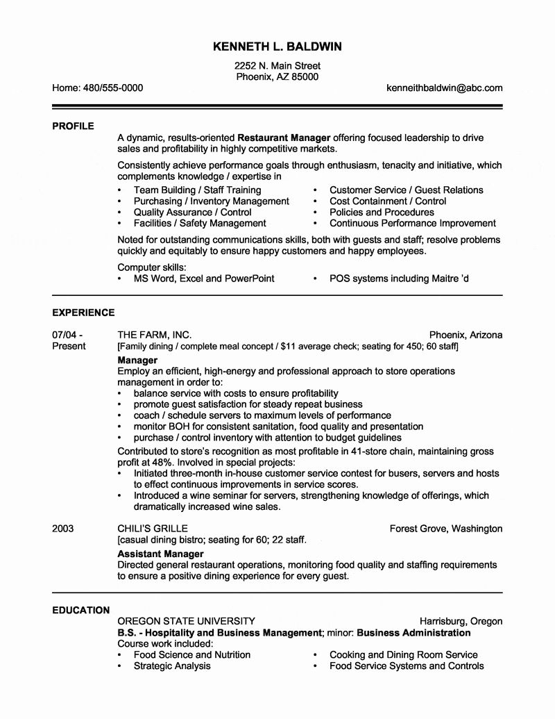 Restaurant Manager Resume Examples Best Of Restaurant Manager Resume