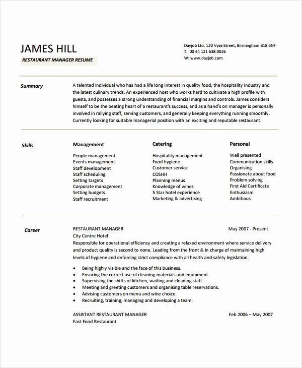 Restaurant Manager Resume Examples Best Of Restaurant Manager Resume Template 6 Free Word Pdf