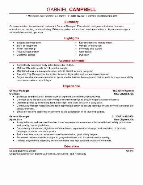 Restaurant Manager Resume Examples Inspirational Best Restaurant Bar General Manager Resume Example