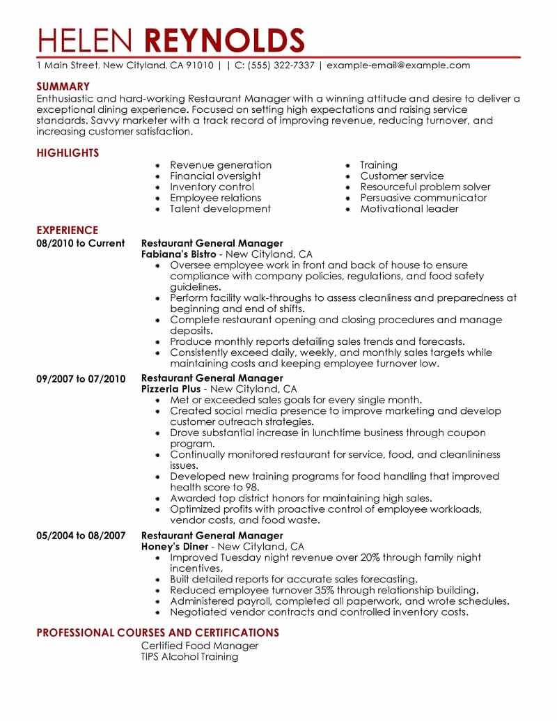 Restaurant Manager Resume Examples Inspirational Best Restaurant Manager Resume Example