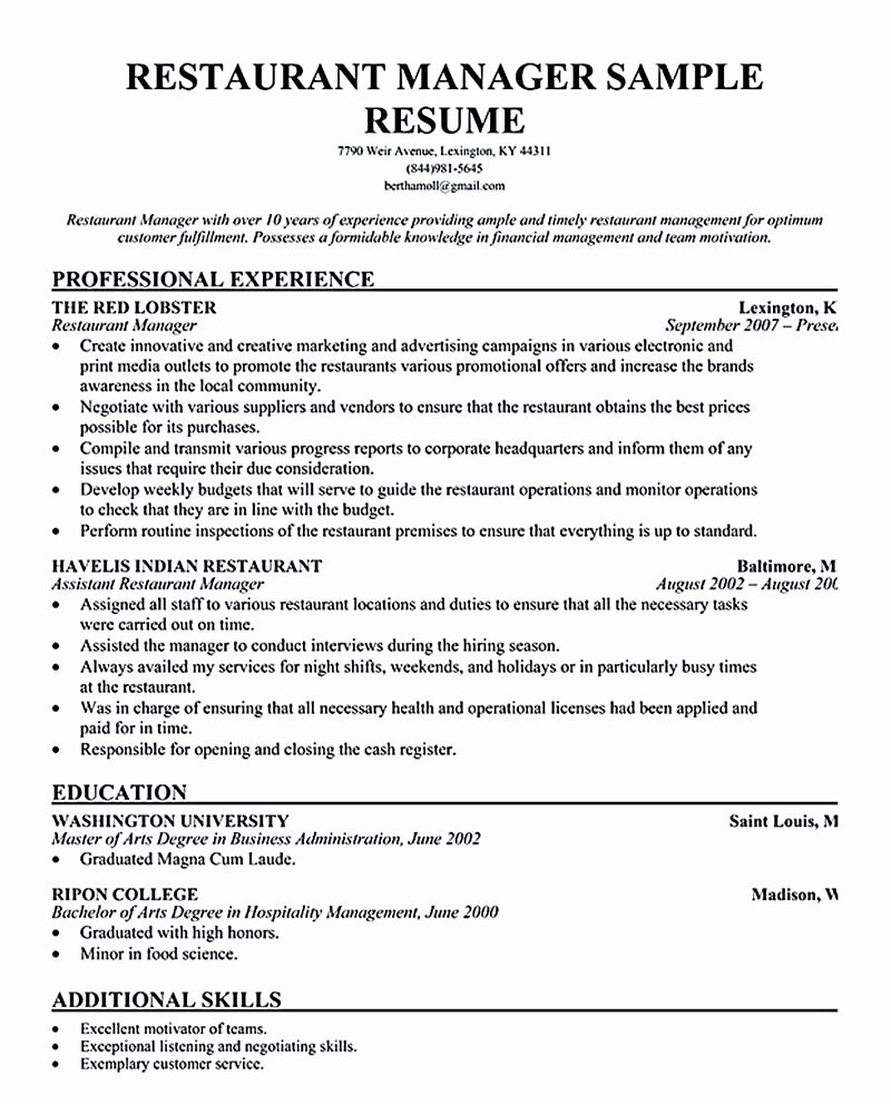 Restaurant Manager Resume Examples Inspirational Restaurant Manager Resume Will Ease Anyone who is Seeking
