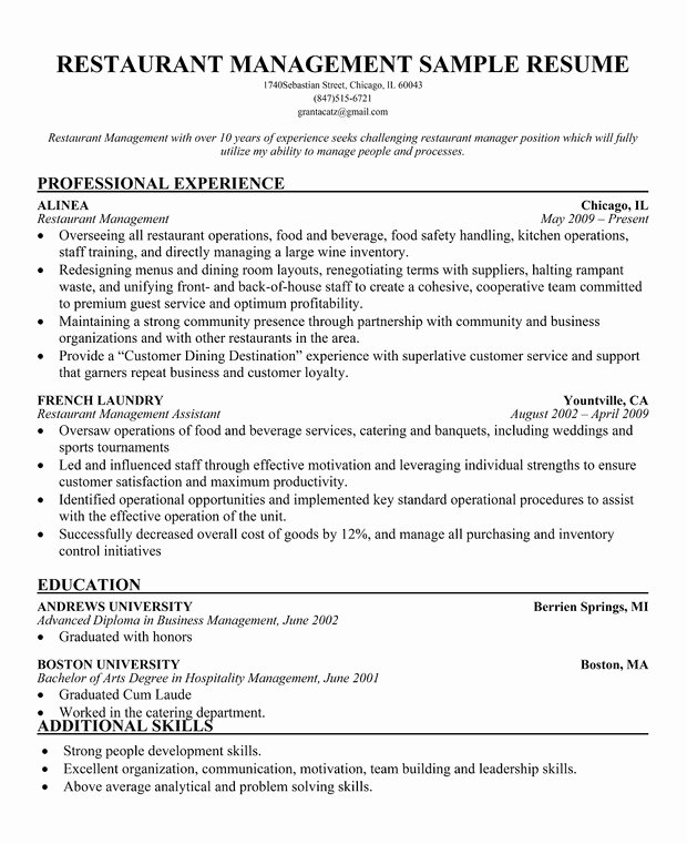 Restaurant Manager Resume Examples Inspirational Resume Of Restaurant Manager