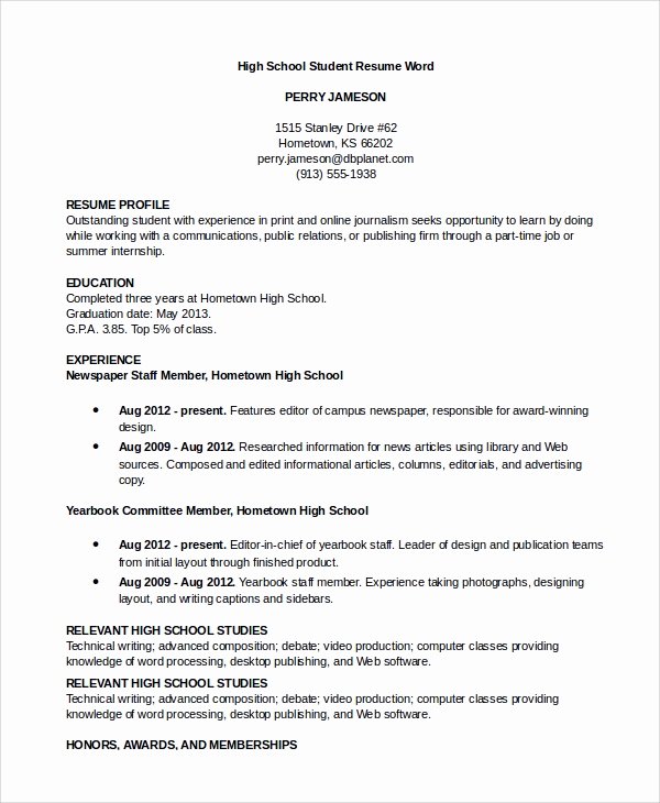 Resume Examples for Highschool Students Beautiful Resume Sample 8 Examples In Word