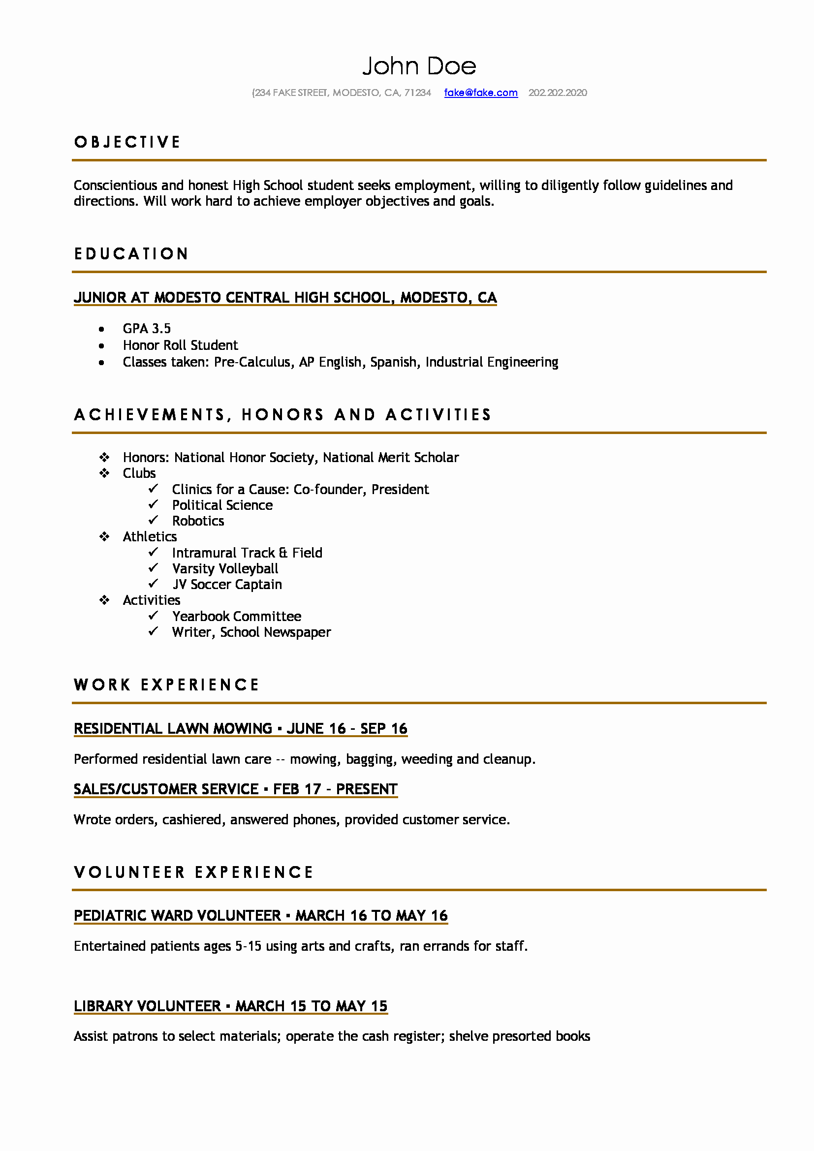 Resume Examples for Highschool Students Elegant High School Resume Resumes Perfect for High School Students