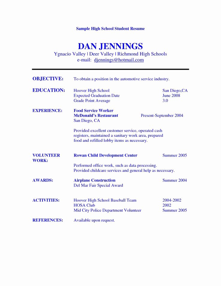 Resume Examples for Highschool Students Inspirational High School Student Resume Objective Examples