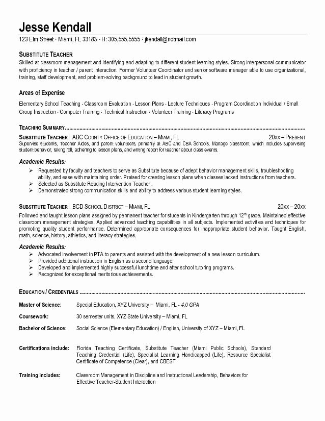 Resume Template for Teachers Fresh Substitute Teacher Resume Best Template Collection