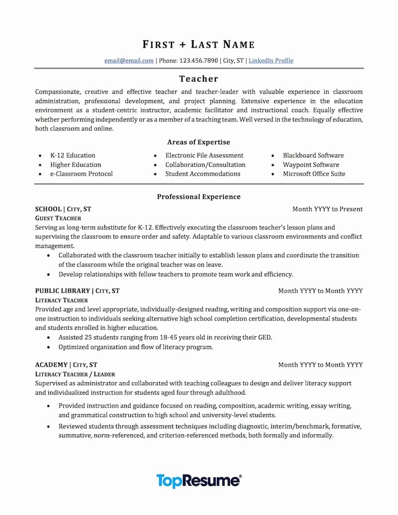 Resume Template for Teachers Fresh Teacher Resume Sample