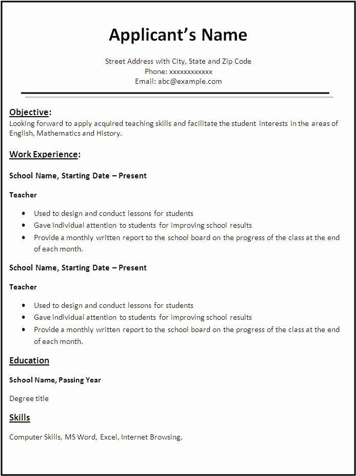 Resume Template for Teaching Unique Free Teacher Resume format