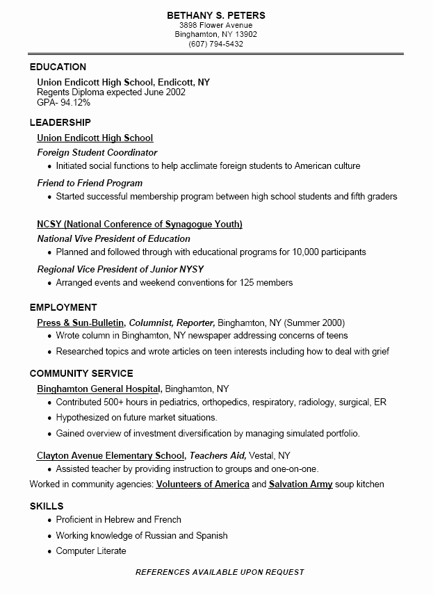 Resumes for High School Students New High School Resume