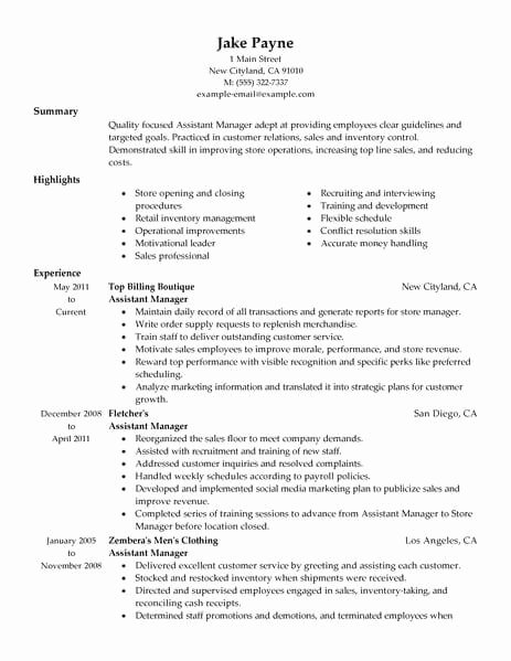 Retail Store Manager Resume Awesome Best Retail assistant Manager Resume Example