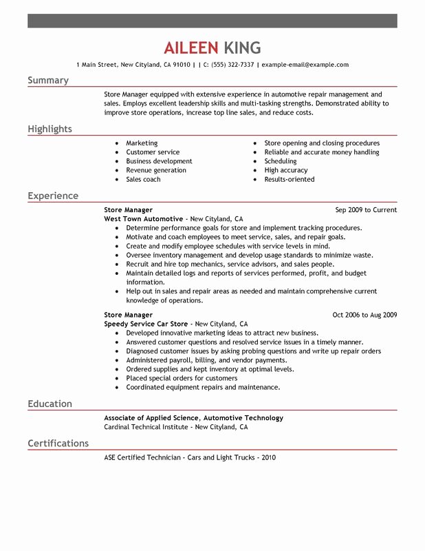 Retail Store Manager Resumes Fresh Store Manager Resume Examples Free to Try today