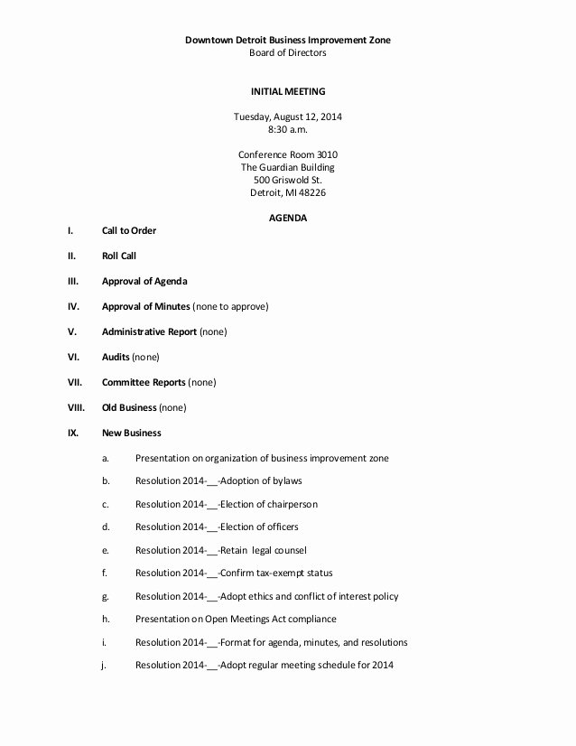 Sample Board Meeting Minutes Inspirational Biz Board Of Directors Agenda August 12 2014