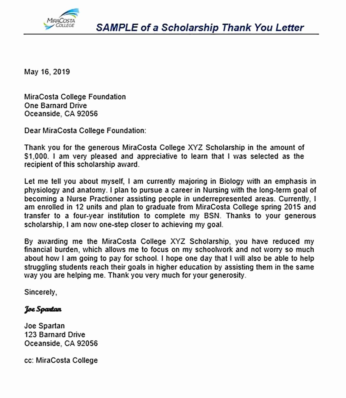 Sample Scholarship Thank You Letter Best Of 11 Scholarship Thank You Letter Sample for Doc Pdf