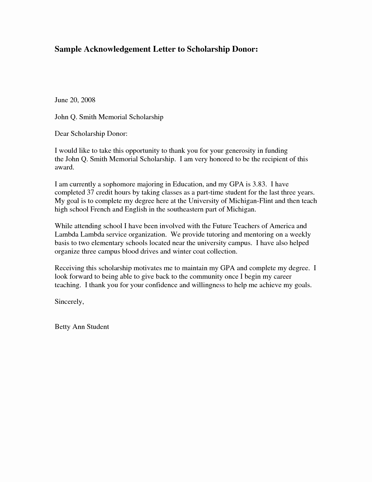 Scholarship Thank You Letter Examples Fresh Donor Thank You Letter Sample