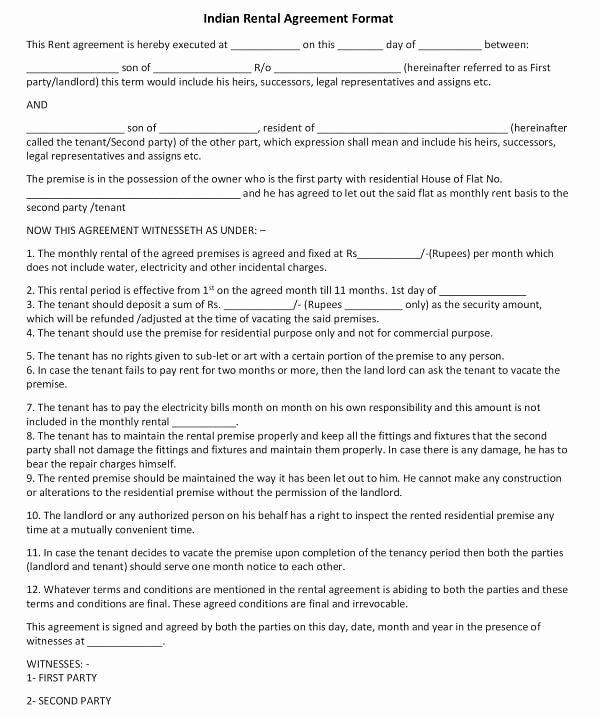 Simple Lease Agreement Pdf New Simple Rental Agreement format India