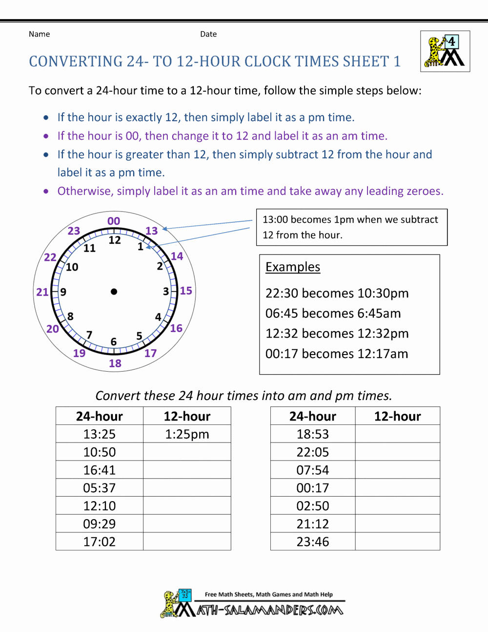 Time Clock Conversion Chart Elegant 24 Hour Clock Conversion Worksheets