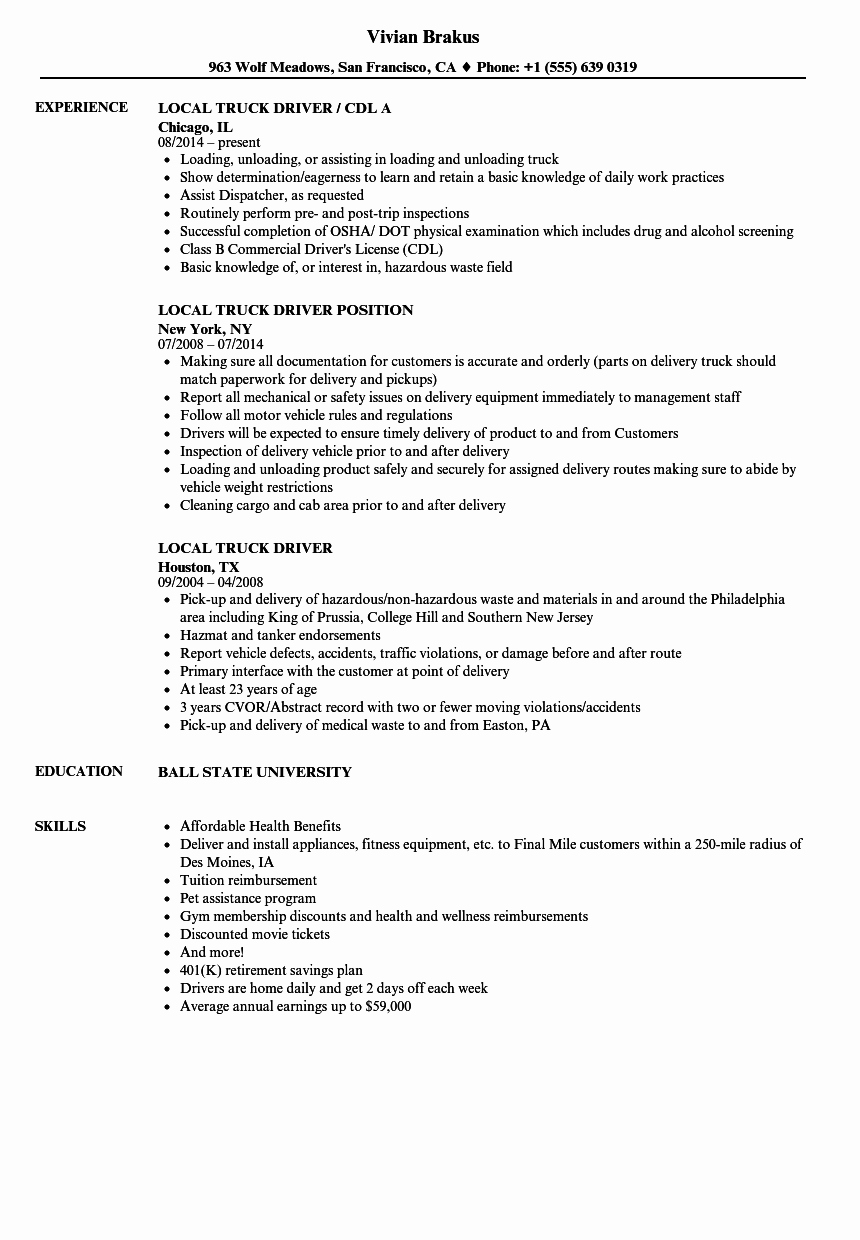 Truck Driver Resume Sample Best Of Local Truck Driver Resume Samples