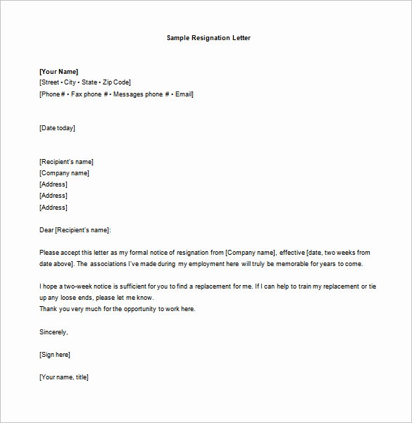 Two Week Resignation Letter Elegant 10 Sample Two Week Notice Resignation Letter Templates