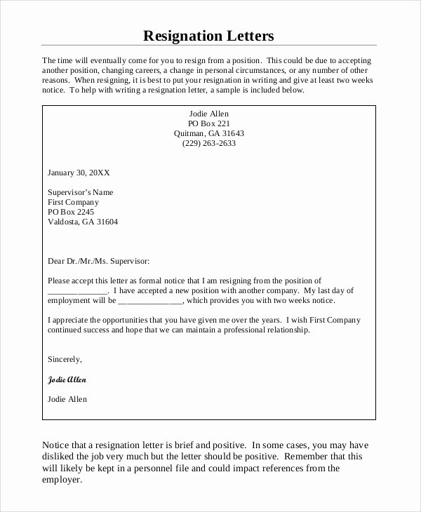 Two Week Resignation Letter Elegant Sample Resignation Letter with 2 Week Notice 6 Examples
