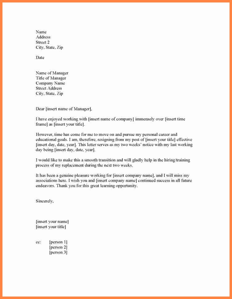Two Week Resignation Letter Lovely 5 formal 2 Week Notice Letter Resignation