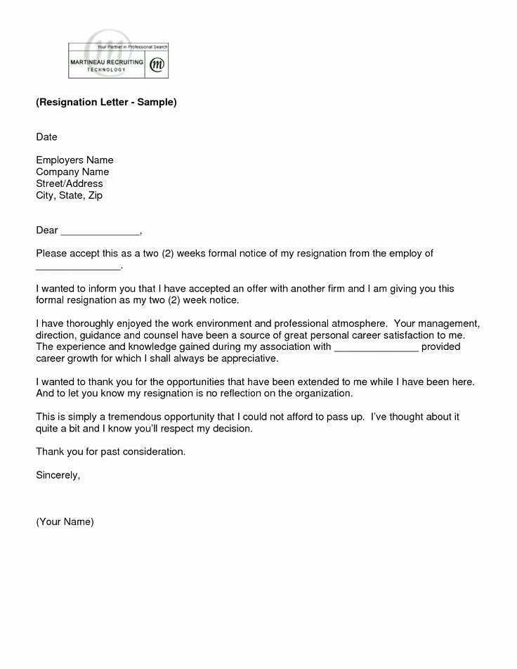 Two Week Resignation Letter New Letter Of Resignation 2 Weeks Notice Template