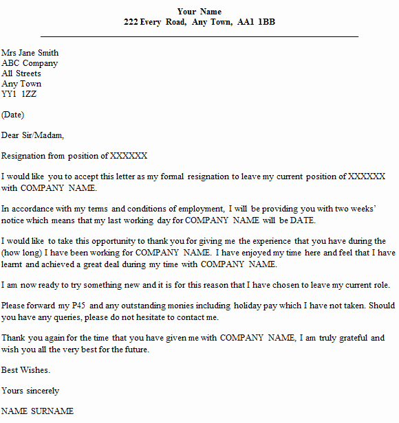 Two Week Resignation Letter Unique formal Resignation Letter Example with Two Weeks’ Notice