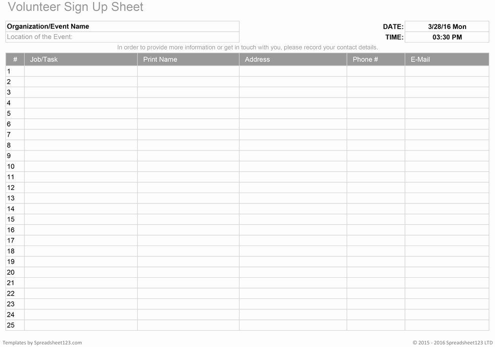 Volunteer Sign Up Sheet Beautiful Printable Sign Up Worksheets and forms for Excel Word and Pdf