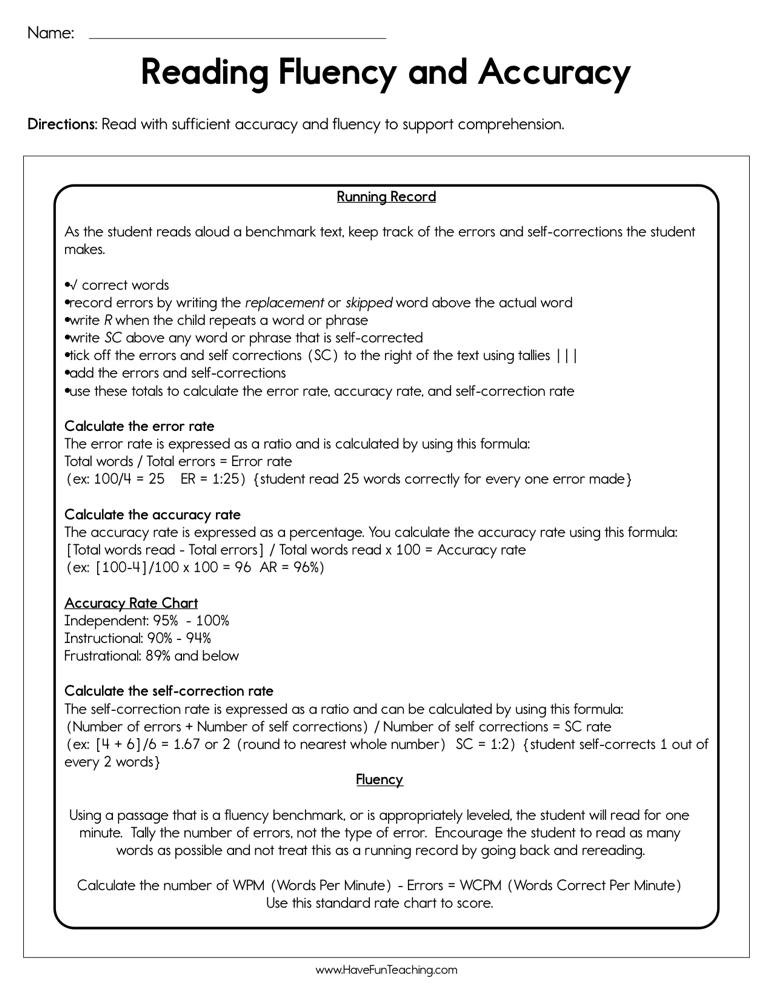 1st Grade Reading Fluency Worksheets Reading Fluency and Accuracy Worksheet