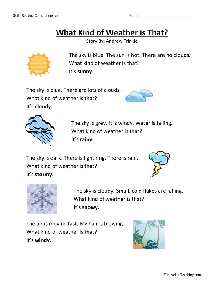 1st Grade Weather Worksheets What Kind Of Weather is that Reading Prehension Worksheet