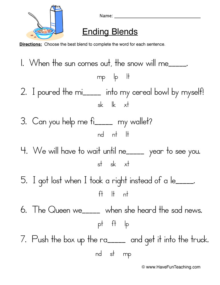 2nd Grade Consonant Blends Worksheets Fill In the Blank Ending Blends Worksheet