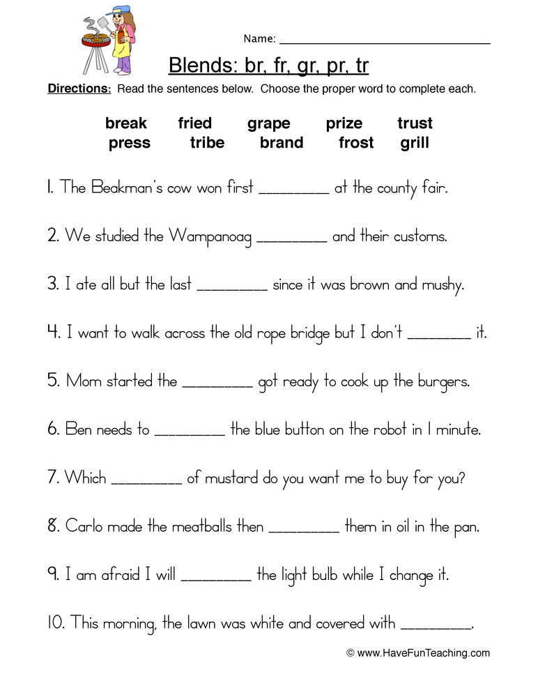 2nd Grade Consonant Blends Worksheets R Blends Fill In the Blanks Worksheet