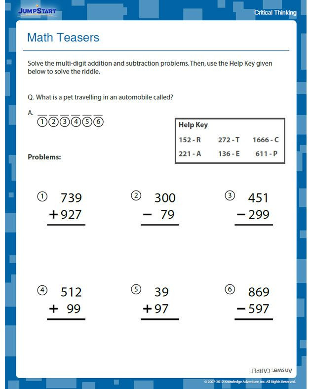 2nd Grade Math Challenge Worksheets Math Teasers Free Critical Thinking Worksheets for 2nd