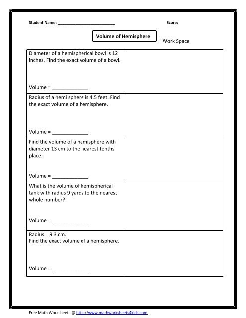 2nd Grade Measurement Worksheet Volume Hemisphere Math Worksheets for Kids Saxon Sample