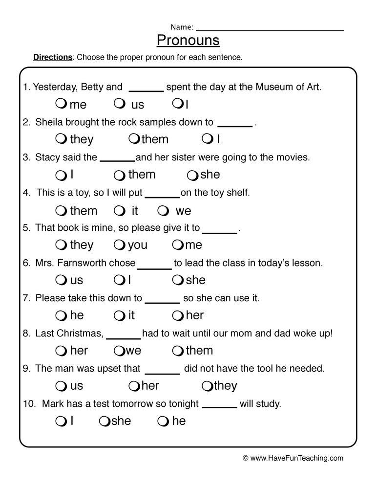 2nd Grade Pronoun Worksheets Choosing Pronouns Worksheet