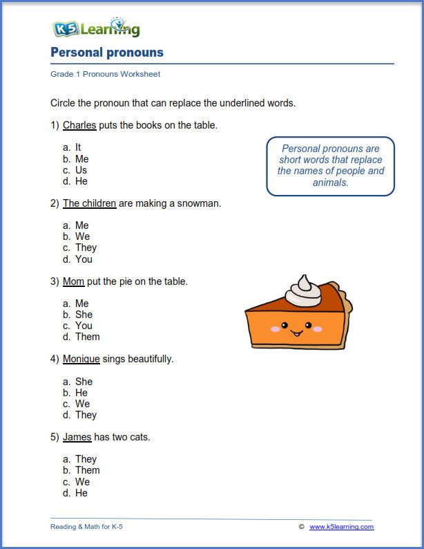 2nd Grade Pronoun Worksheets Grade Pronouns Worksheets K5 Learning Personal 3rd and 4th