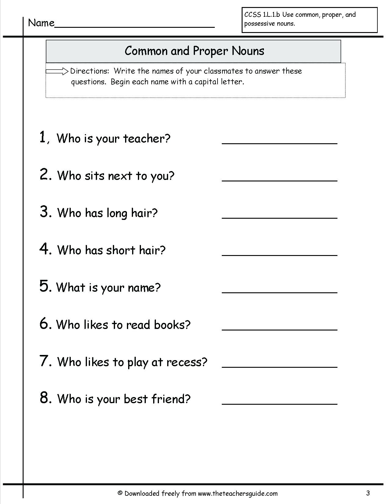 2nd Grade Proper Nouns Worksheet Noun Worksheets for Grade 1 Mon and Proper Nouns