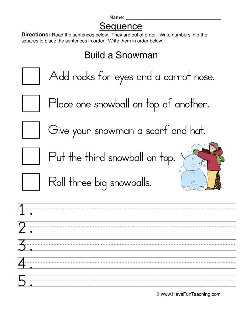 2nd Grade Sequencing Worksheets Build A Snowman Sequence Worksheet