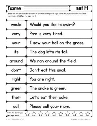 2nd Grade Sight Word Worksheets Sight Words Reading Practice List 14