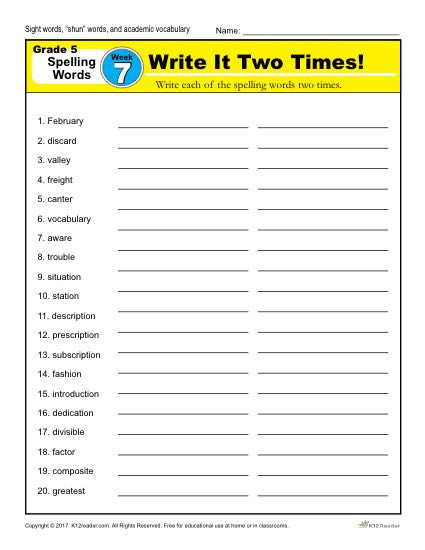 2nd Grade Spelling Words Worksheets Fifth Grade Spelling Words List Week 7