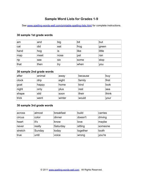 2nd Grade Spelling Words Worksheets Sample Word Lists for Grades 1 9 Spelling Words Well