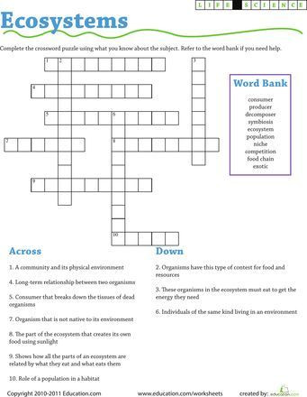 3rd Grade Ecosystem Worksheets Life Science Crossword Ecosystems