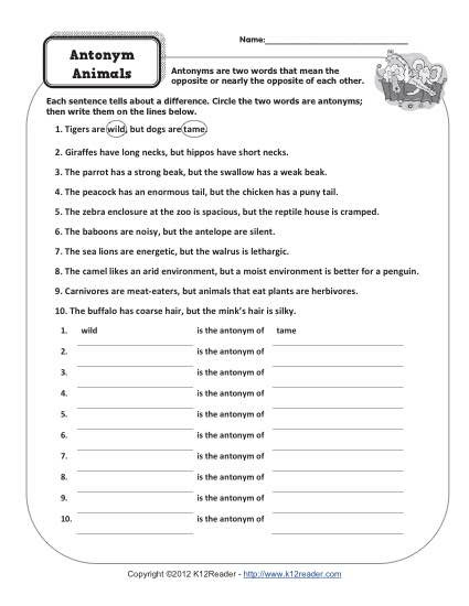 3rd Grade Habitat Worksheets Antonym Animals