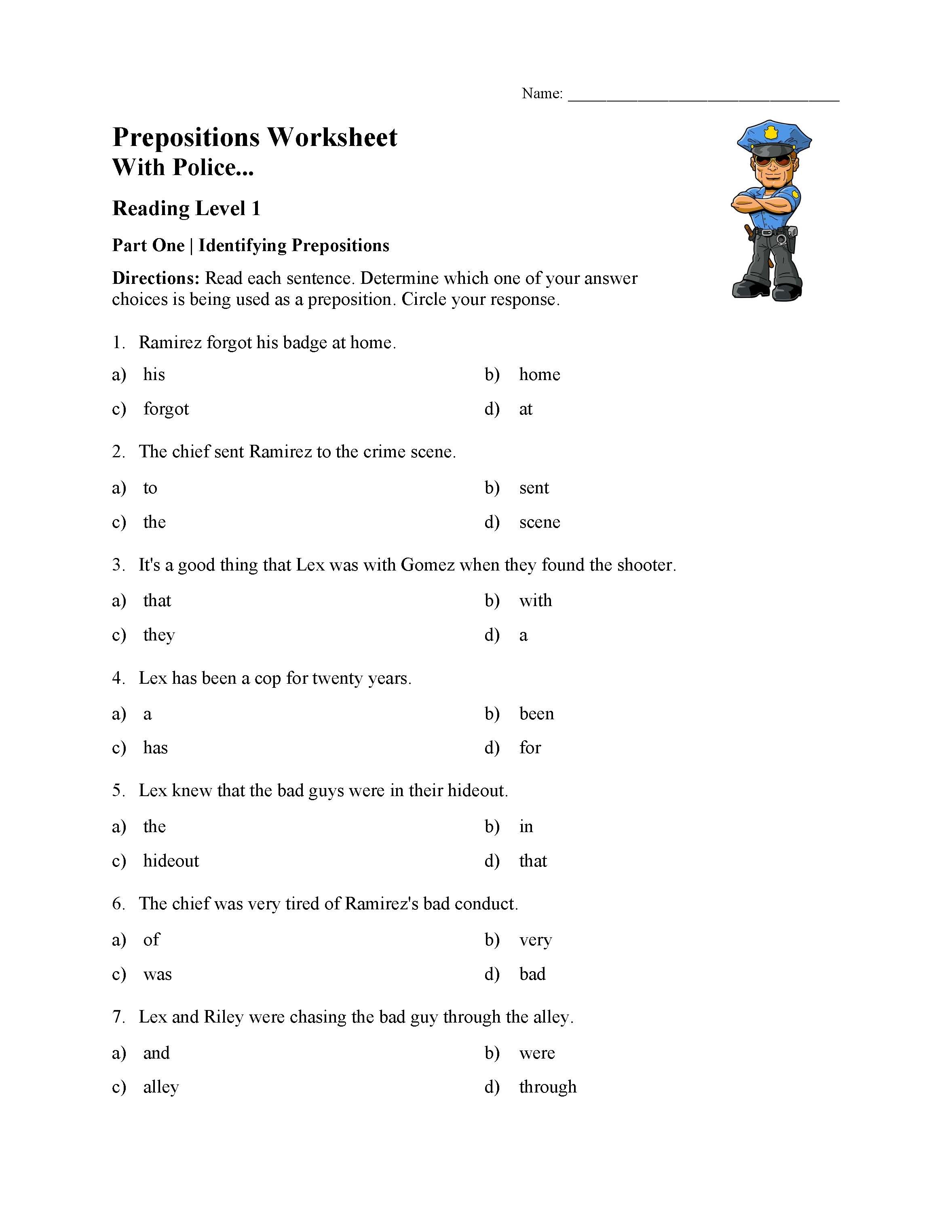 3rd Grade Preposition Worksheets Preposition Worksheet 1 Reading Level 1