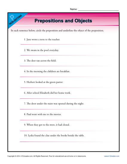 3rd Grade Preposition Worksheets Prepositions and Objects
