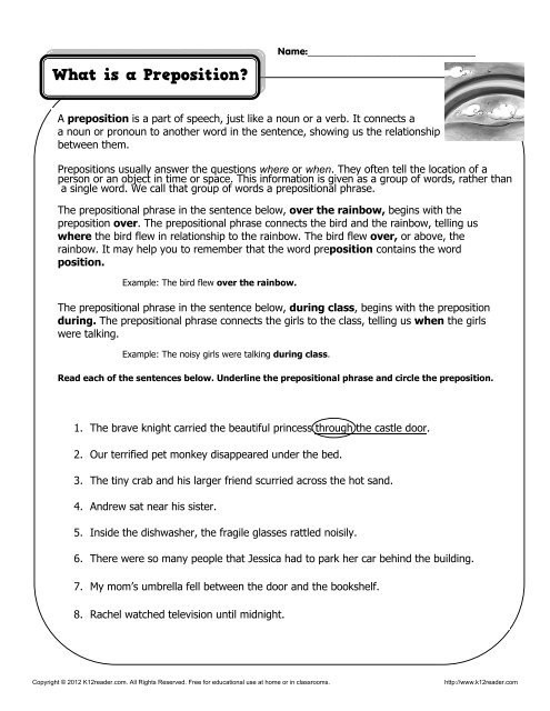 3rd Grade Preposition Worksheets What is A Preposition