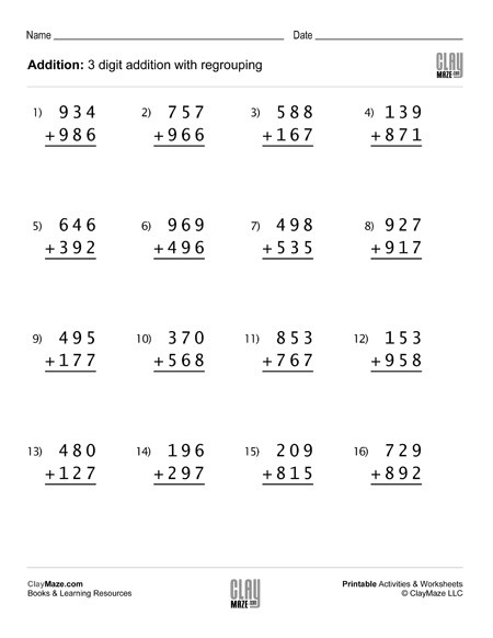 3rd Grade Regrouping Worksheets 3 Digit Addition Worksheet with Regrouping Set 1
