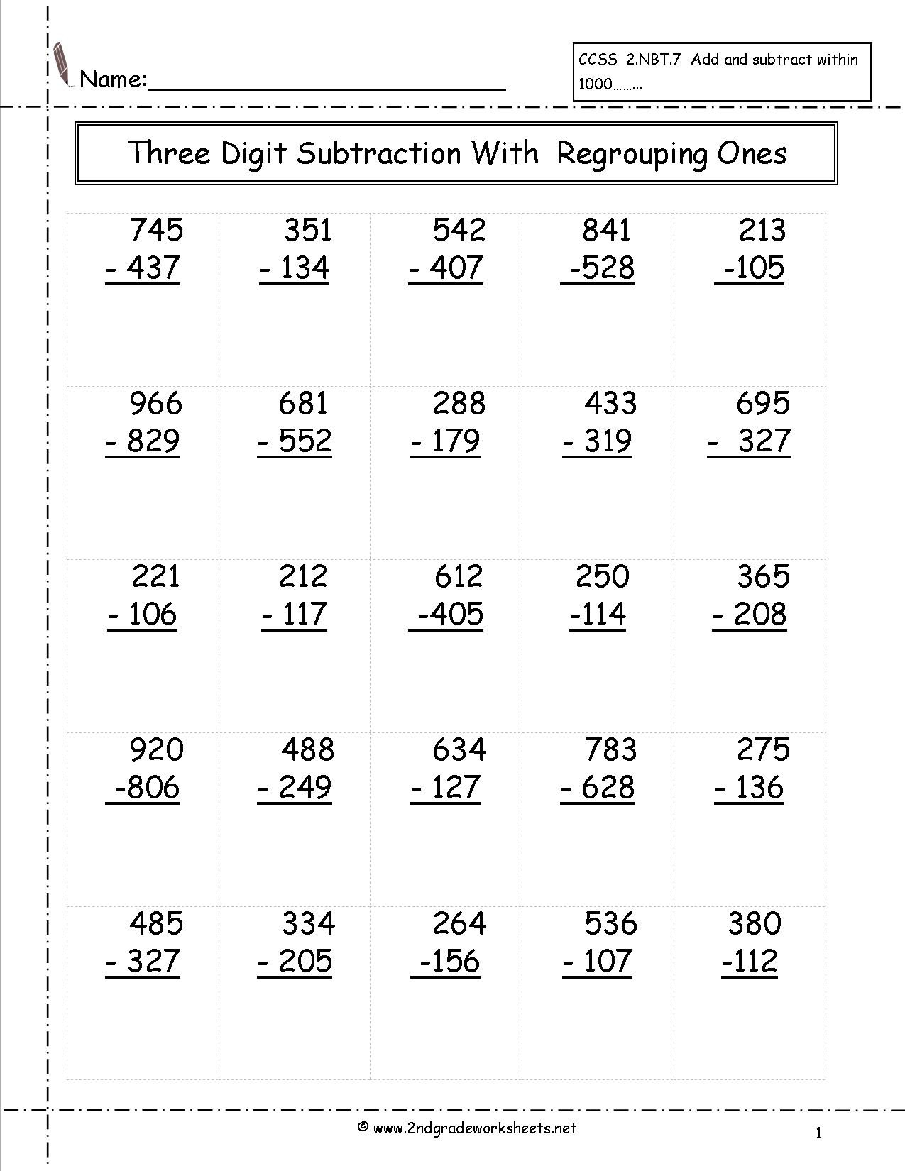 3rd Grade Regrouping Worksheets Three Digit Subtraction Worksheets