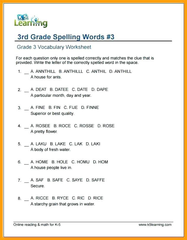 3rd Grade Spelling Worksheets Grade 3 Spelling Words Printable Grade Grammar Worksheets to